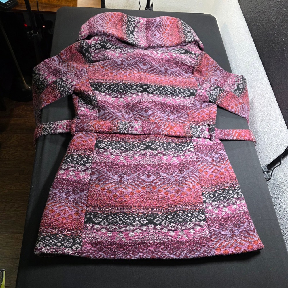 Mossimo Supply Co Womens Pink Purple Geometric Hooded Belted Wrap Coat Small‎ - Picture 9 of 11